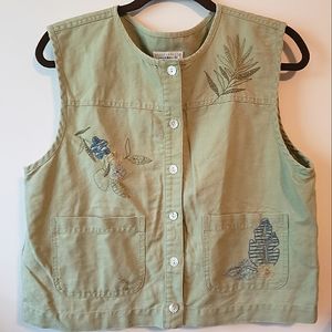 Vintage retro linen cotton blend floral embroidered button down tank top vest